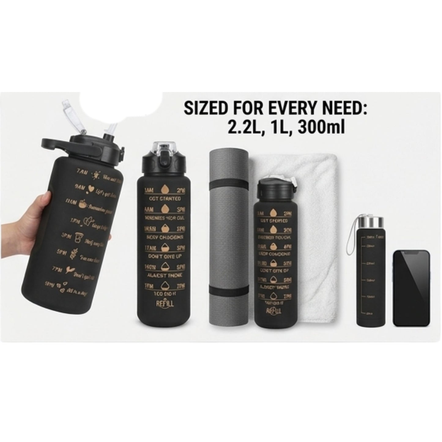 3-in-1 Gym Bottle System 2L, 1L, and 30ml